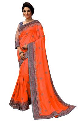 Trendmalls 	 Embroidery Bollywood Satin Chiffon Orange   Traditional Wedding Party Wear Bridal Saree With Blouse   1