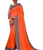 Trendmalls 	 Embroidery Bollywood Satin Chiffon Orange   Traditional Wedding Party Wear Bridal Saree With Blouse  