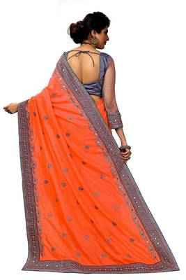 Trendmalls 	 Embroidery Bollywood Satin Chiffon Orange   Traditional Wedding Party Wear Bridal Saree With Blouse   2