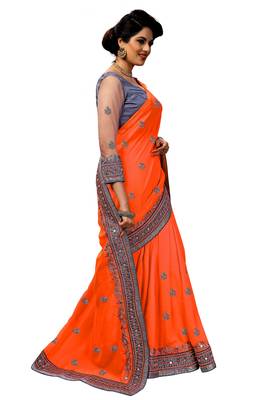 Trendmalls 	 Embroidery Bollywood Satin Chiffon Orange   Traditional Wedding Party Wear Bridal Saree With Blouse   3