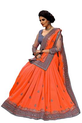 Trendmalls 	 Embroidery Bollywood Satin Chiffon Orange   Traditional Wedding Party Wear Bridal Saree With Blouse   4