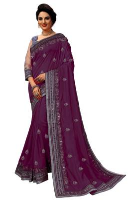 Trendmalls  Embroidery Bollywood Satin Chiffon Purple   Traditional Wedding Party Wear Bridal Saree With Blouse   1