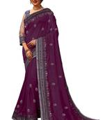 Trendmalls  Embroidery Bollywood Satin Chiffon Purple   Traditional Wedding Party Wear Bridal Saree With Blouse  
