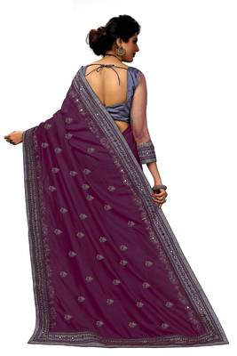 Trendmalls  Embroidery Bollywood Satin Chiffon Purple   Traditional Wedding Party Wear Bridal Saree With Blouse   2