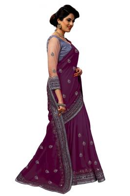 Trendmalls  Embroidery Bollywood Satin Chiffon Purple   Traditional Wedding Party Wear Bridal Saree With Blouse   3