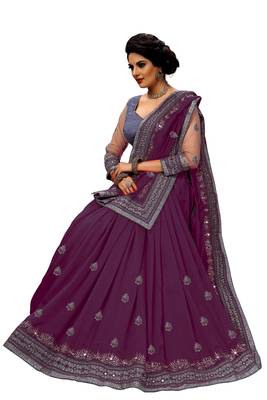 Trendmalls  Embroidery Bollywood Satin Chiffon Purple   Traditional Wedding Party Wear Bridal Saree With Blouse   4