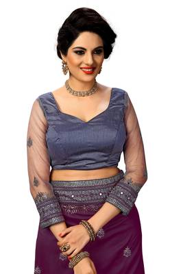 Trendmalls  Embroidery Bollywood Satin Chiffon Purple   Traditional Wedding Party Wear Bridal Saree With Blouse   5