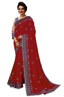 Trendmalls  Embroidery Bollywood Satin Chiffon Red   Traditional Wedding Party Wear Bridal Saree With Blouse   1