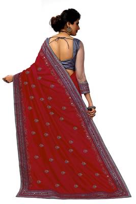 Trendmalls  Embroidery Bollywood Satin Chiffon Red   Traditional Wedding Party Wear Bridal Saree With Blouse   2