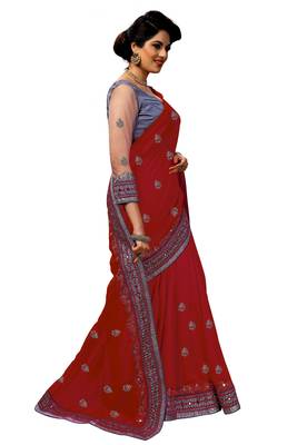 Trendmalls  Embroidery Bollywood Satin Chiffon Red   Traditional Wedding Party Wear Bridal Saree With Blouse   3