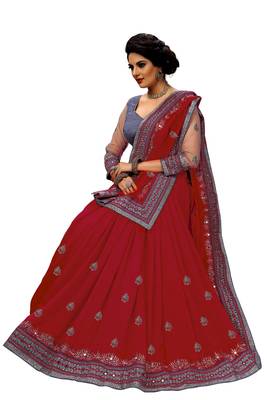 Trendmalls  Embroidery Bollywood Satin Chiffon Red   Traditional Wedding Party Wear Bridal Saree With Blouse   4