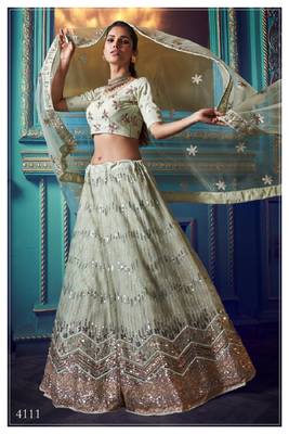 Sky-blue embroidered net semi stitched lehenga 1