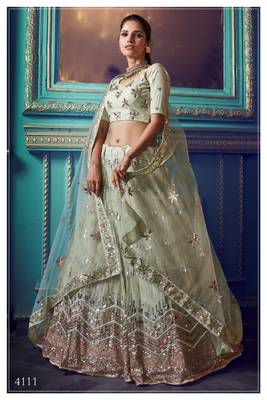 Sky-blue embroidered net semi stitched lehenga 2