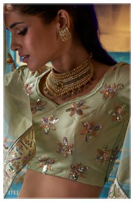 Sky-blue embroidered net semi stitched lehenga 3