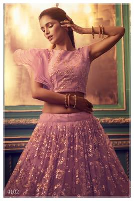 Purple embroidered net semi stitched lehenga 2