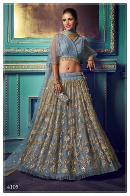 Grey embroidered net semi stitched lehenga 1