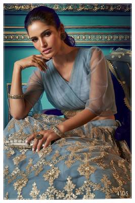 Grey embroidered net semi stitched lehenga 3