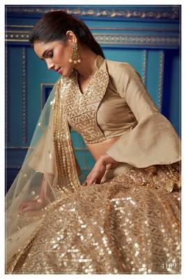 Beige embroidered net semi stitched lehenga 3