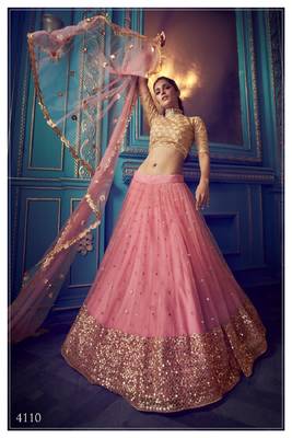 Pink embroidered net semi stitched lehenga 2