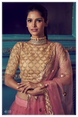 Pink embroidered net semi stitched lehenga 3