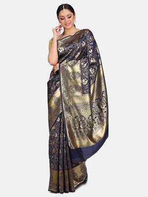 Blue Woven Banarasi Saree With Blouse 1