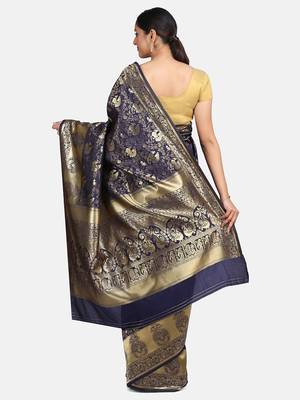 Blue Woven Banarasi Saree With Blouse 3