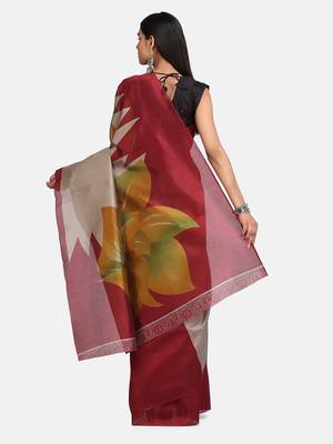 Maroon Printed Poly Silk Saree With Blouse 4