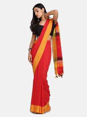 Red Buti Work Khadi Cotton Handloom Saree With blouse 1