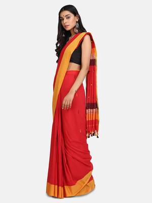 Red Buti Work Khadi Cotton Handloom Saree With blouse 3