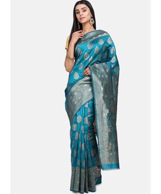 Aqua Blue Art Silk Designer Party Wear Saree 1