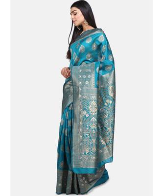 Aqua Blue Art Silk Designer Party Wear Saree 3