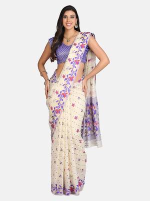 Vastranand  Cream-Coloured & Purple Silk Cotton Woven Design Jamdani Saree 1