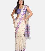 Vastranand  Cream-Coloured & Purple Silk Cotton Woven Design Jamdani Saree