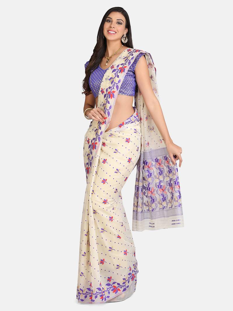 Vastranand  Cream-Coloured & Purple Silk Cotton Woven Design Jamdani Saree