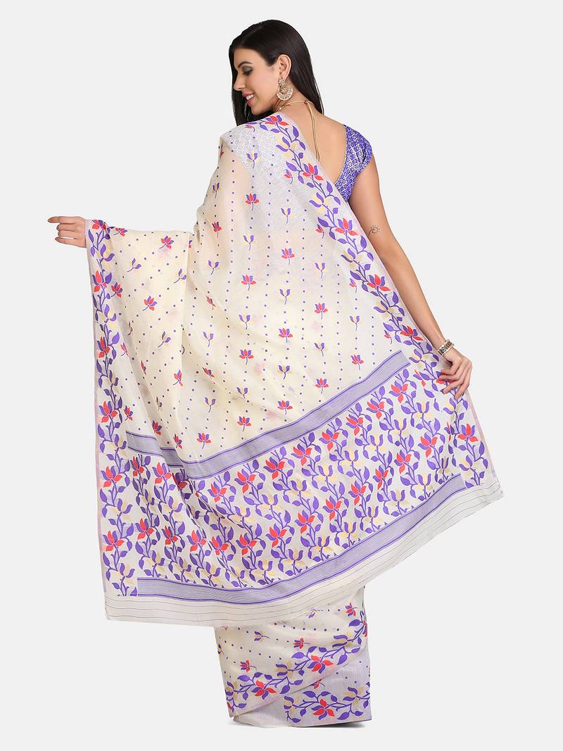 Vastranand  Cream-Coloured & Purple Silk Cotton Woven Design Jamdani Saree