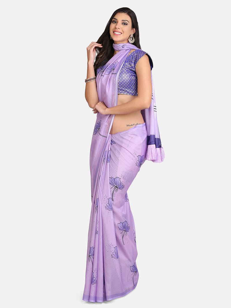 VASTRANAND Lavender Floral Printed Pure Silk Saree