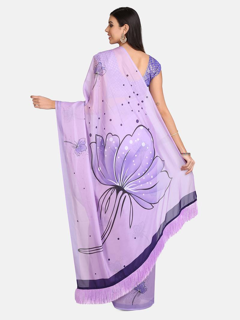 VASTRANAND Lavender Floral Printed Pure Silk Saree