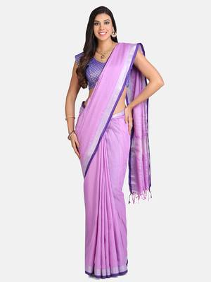 Vastranand  Purple Solid Angolla Linen Blend Saree 1