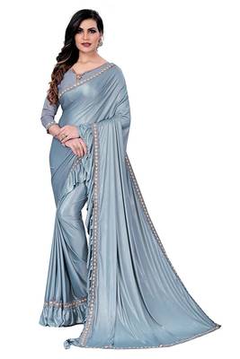 Grey plain lycra saree with blouse 1