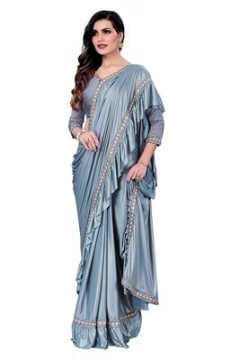 Grey plain lycra saree with blouse 2