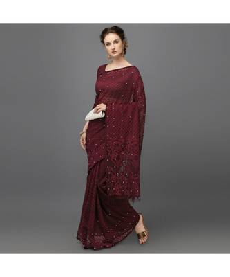 Women Jacquard  Net Saree marron 1