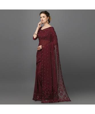Women Jacquard  Net Saree marron 3