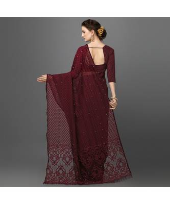 Women Jacquard  Net Saree marron 4