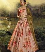 Peach embroidered net semi stitched lehenga