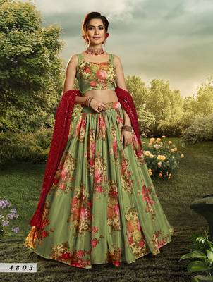 Green embroidered net semi stitched lehenga 1