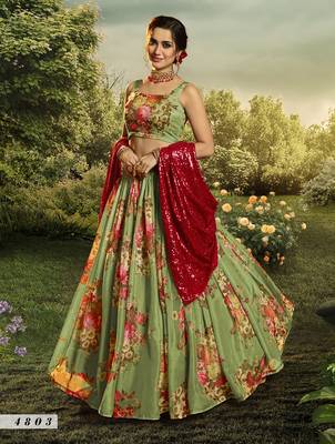 Green embroidered net semi stitched lehenga 2