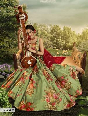 Green embroidered net semi stitched lehenga 3