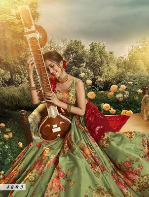 Green embroidered net semi stitched lehenga 4