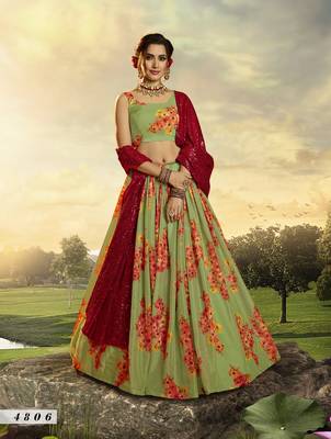 Green embroidered net semi stitched lehenga 1