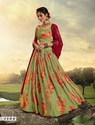 Green embroidered net semi stitched lehenga 2
